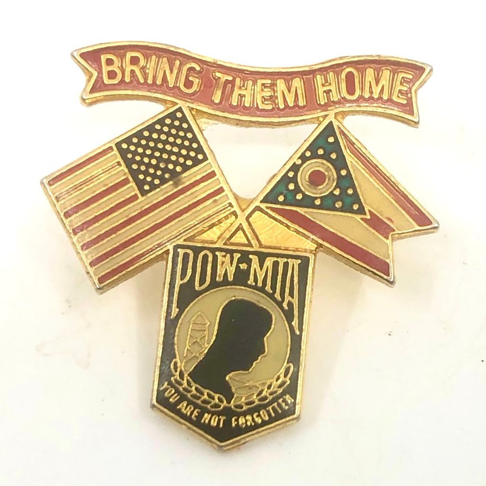VINTAGE~Bring Them Home POW MIA American & Ohio Flag Enamel Lapel Pin